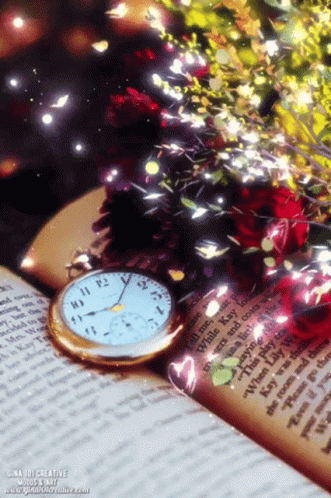 A Pocket Watch Is Laying On Top Of An Open Book With A Blurred Background GIF
