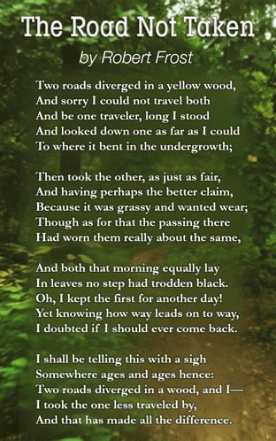 A Poem Titled The Road Not Taken By Robert Frost Is On A Green Background GIF