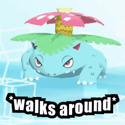 A Pokemon With A Flower On Its Head And The Words Walks Around Below It GIF