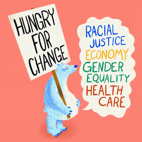 A Polar Bear Holds A Sign That Says Hungry For Change GIF