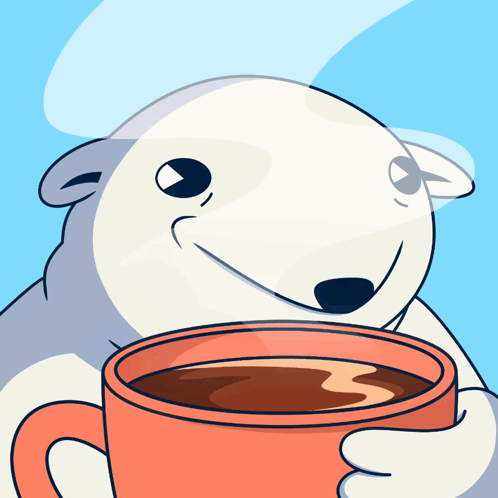 a polar bear is holding a cup of coffee and smiling