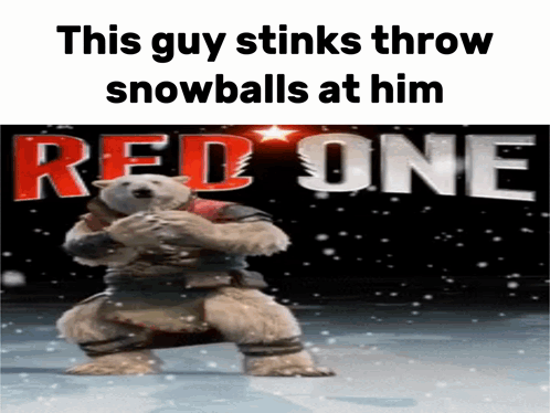 A Polar Bear Is Standing In Front Of A Sign That Says " This Guy Stinks Throw Snowballs At Him Red One " GIF