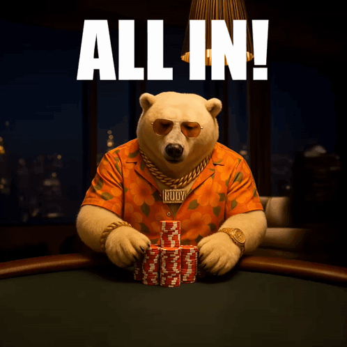 A Polar Bear Sitting At A Poker Table With The Words All In Above Him GIF