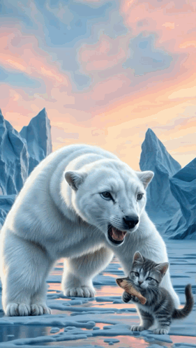A Polar Bear Standing Next To A Kitten Holding A Fish In Its Mouth GIF