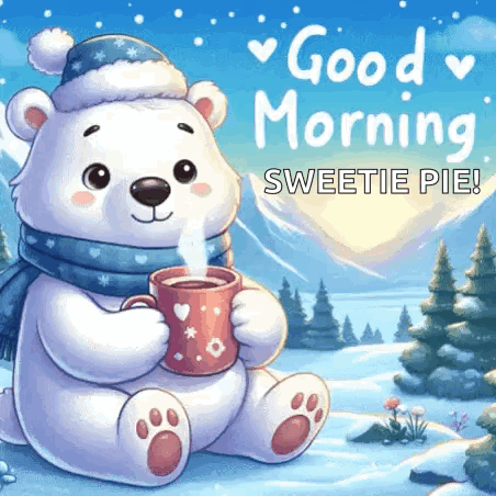 A Polar Bear Wearing A Santa Hat And Scarf Is Holding A Cup Of Coffee . GIF