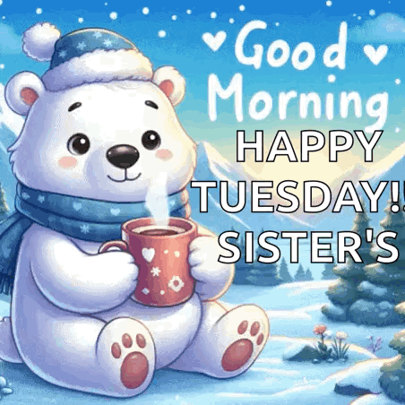 A Polar Bear Wearing A Santa Hat And Scarf Is Holding A Cup Of Hot Coffee . GIF