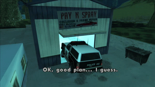 A Police Car Is Parked In Front Of A Pay N Spray Shop GIF