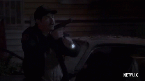 a police officer is holding a gun in front of a car at night .