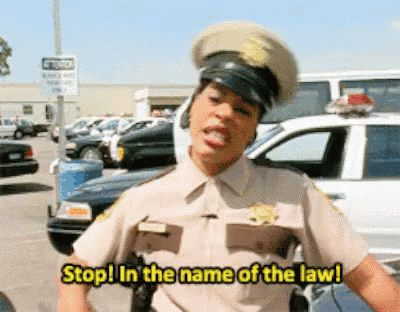 A Police Officer Says Stop In The Name Of The Law In Front Of A Police Car GIF