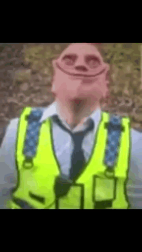A Police Officer Wearing A Yellow Vest And Tie With A Cartoon Face On His Face . GIF