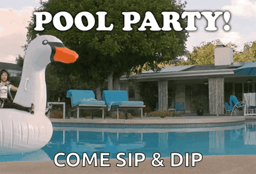 A Pool Party Advertisement With A Woman On An Inflatable Swan In The Pool GIF