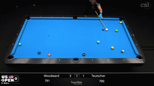 A Pool Table With A Blue Cloth And A Man Holding A Cue GIF