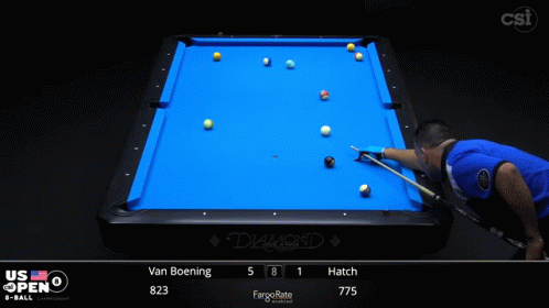A Pool Table With A Blue Cloth And A Man Playing Pool GIF