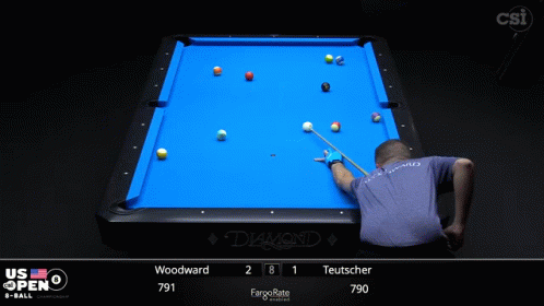A Pool Table With A Blue Cloth And A Scoreboard That Says Us Open GIF