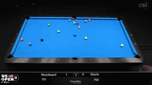 A Pool Table With A Blue Cloth That Says Us Open On The Top GIF