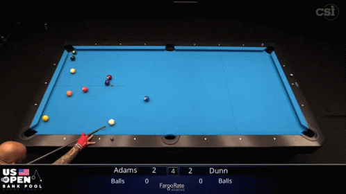A Pool Table With A Scoreboard That Says Adams 2 Dunn 4 Balls 0 Balls GIF