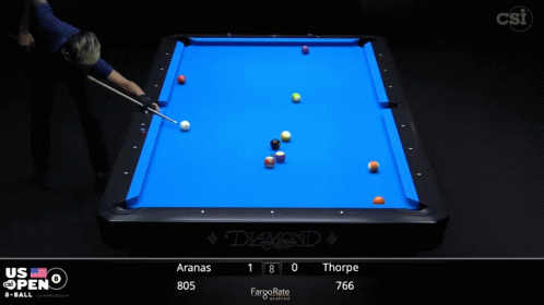 A Pool Table With A Scoreboard That Says Aranas 1 Thorpe 805 Fargorate 766 GIF
