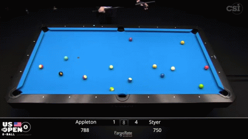 A Pool Table With A Scoreboard That Says Us Open 8 Ball GIF