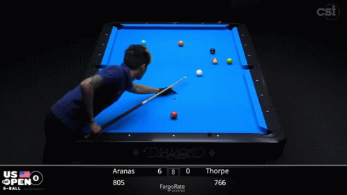 A Pool Table With Aranas And Thorpe Playing On It GIF