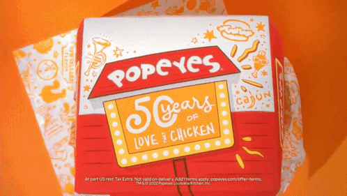 A Popeye 'S Box That Says 50 Years Love Chicken GIF