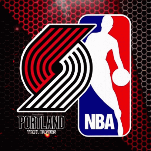 A Portland Trail Blazers Logo With A Man Holding A Basketball GIF