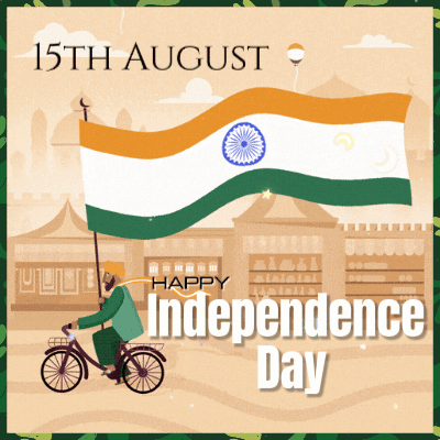 A Poster For 15Th August Happy Independence Day With A Man On A Bike Holding A Flag GIF