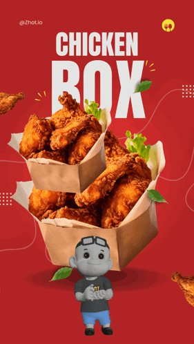 A Poster For A Chicken Box With A Boy Holding A Box Of Chicken GIF