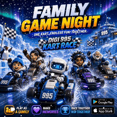 A Poster For A Family Game Night With A Robot In A Kart GIF