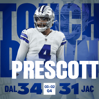 A Poster For A Football Player Named Prescott With A Helmet On GIF