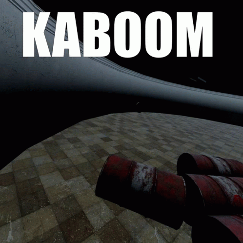 A Poster For A Game Called Kaboom With Barrels On The Ground GIF