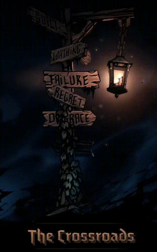 A Poster For A Game Called The Crossroads Shows A Street Sign GIF