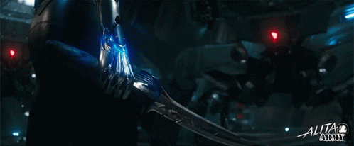 A Poster For A Movie Called Alita Infinity Shows A Person Holding A Blue Sword GIF