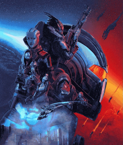 A Poster For A Video Game Called Mass Effect Shows A Group Of Characters GIF