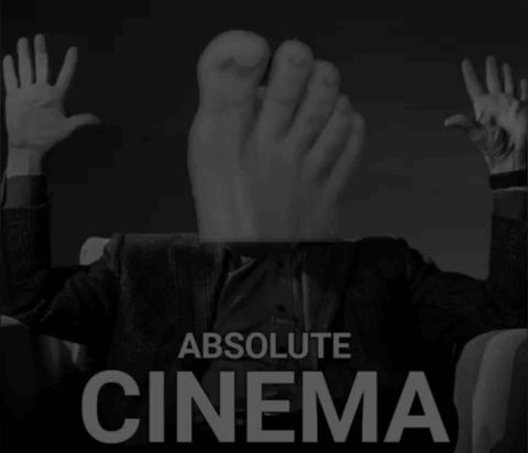 A Poster For Absolute Cinema Shows A Man Sitting In A Chair With His Feet In Front Of His Face GIF