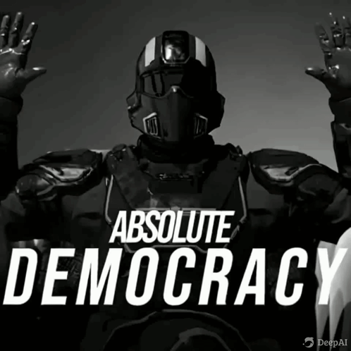 A Poster For Absolute Democracy Shows A Man In A Helmet GIF