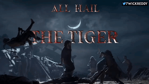A Poster For All Hail The Tiger With A Man Holding A Sword GIF