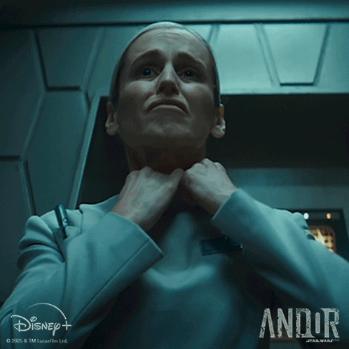 A Poster For Andor Star Wars Showing A Woman Holding Her Neck GIF