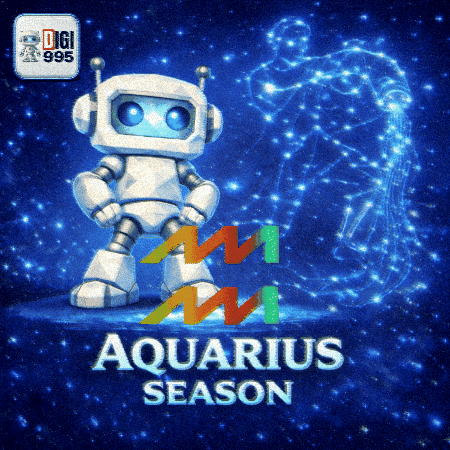 A Poster For Aquarius Season With A Robot GIF