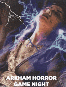 A Poster For Arkham Horror Game Night With A Woman Laying On The Ground GIF
