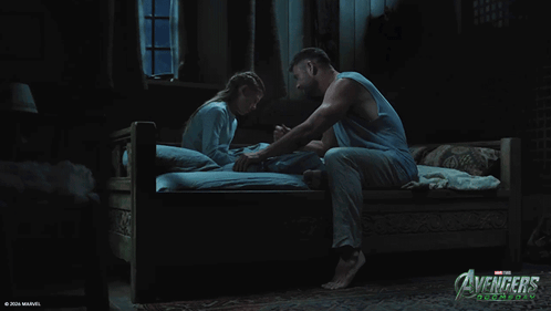 A Poster For Avengers Age Of Ultron Shows A Man And A Girl On A Bed GIF