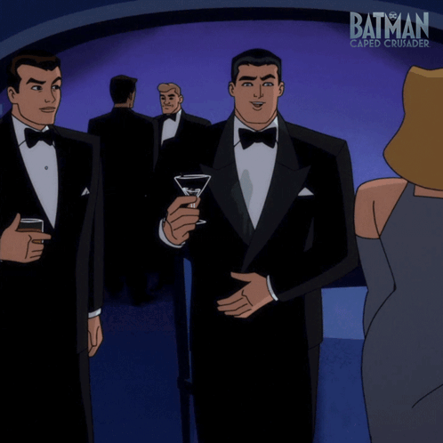 A Poster For Batman Caped Crusader Shows A Man Holding A Martini GIF