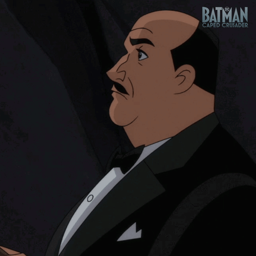 A Poster For Batman Caped Crusader Shows A Man In A Tuxedo And Bow Tie Saying Good Lord GIF
