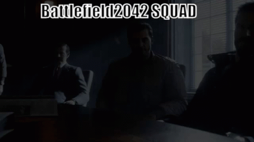 A Poster For Battlefield 2042 Squad With Three Men Sitting At A Table GIF