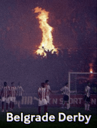 A Poster For Belgrade Derby With Soccer Players In The Background GIF