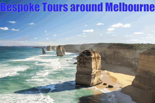 A Poster For Bespoke Tours Around Melbourne With A Picture Of A Beach GIF