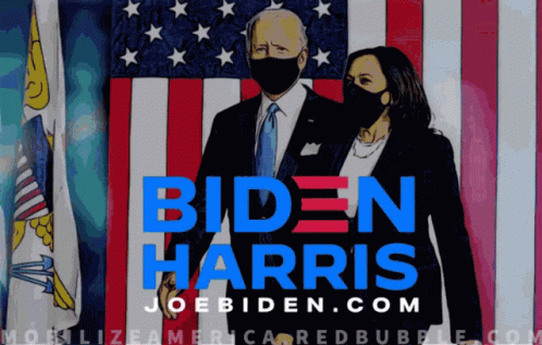 A Poster For Biden Harris Shows A Man And A Woman Standing In Front Of An American Flag GIF