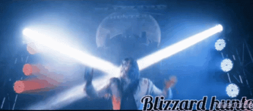 A Poster For Blizzard Hunts With A Man Holding A Light Saber GIF