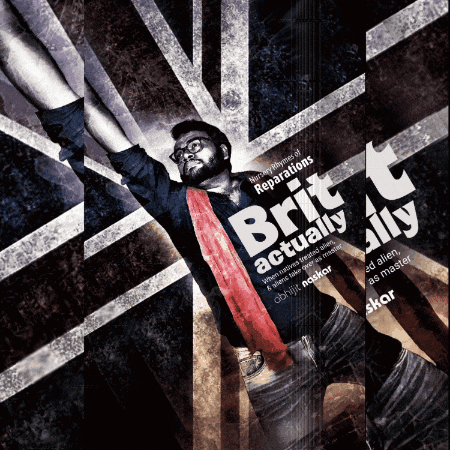 A Poster For Brit Actually Ally Shows A Man With His Arms In The Air GIF