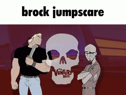a poster for brock jumpscare shows two men standing in front of a large skull