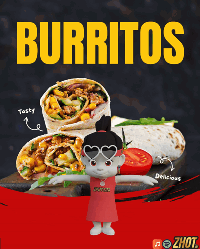 A Poster For Burritos With A Girl Wearing Heart Shaped Sunglasses GIF